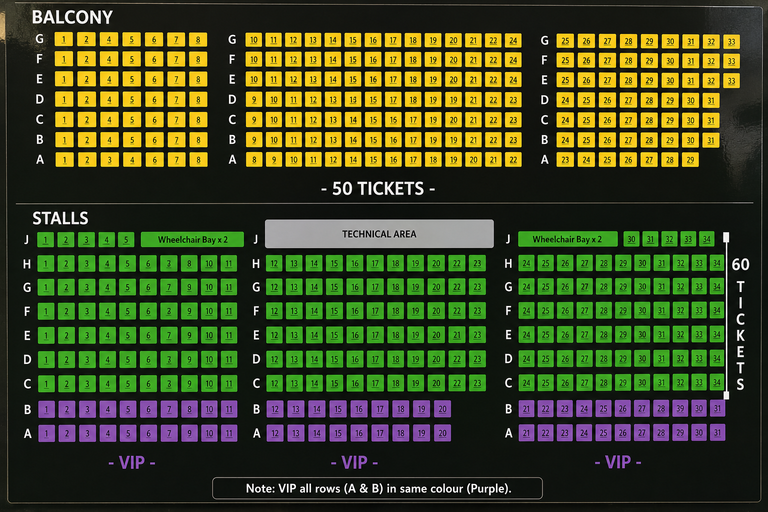 Theatre seating plan showing Balcony, Stalls and VIP sections